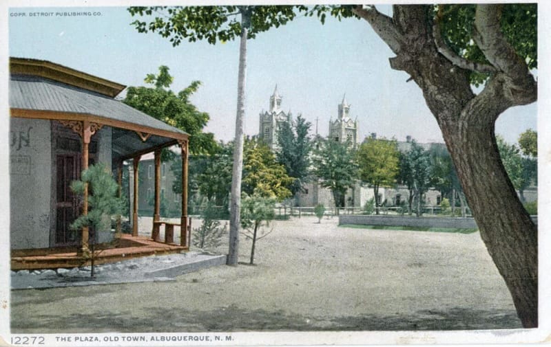 Postcard from 1910 looking north across the Old Town plaza towards San Felipe de Neri Church